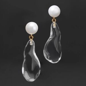 Alexis Bittar Clear Glass Teardrop Drop Earrings with White Pearl Posts